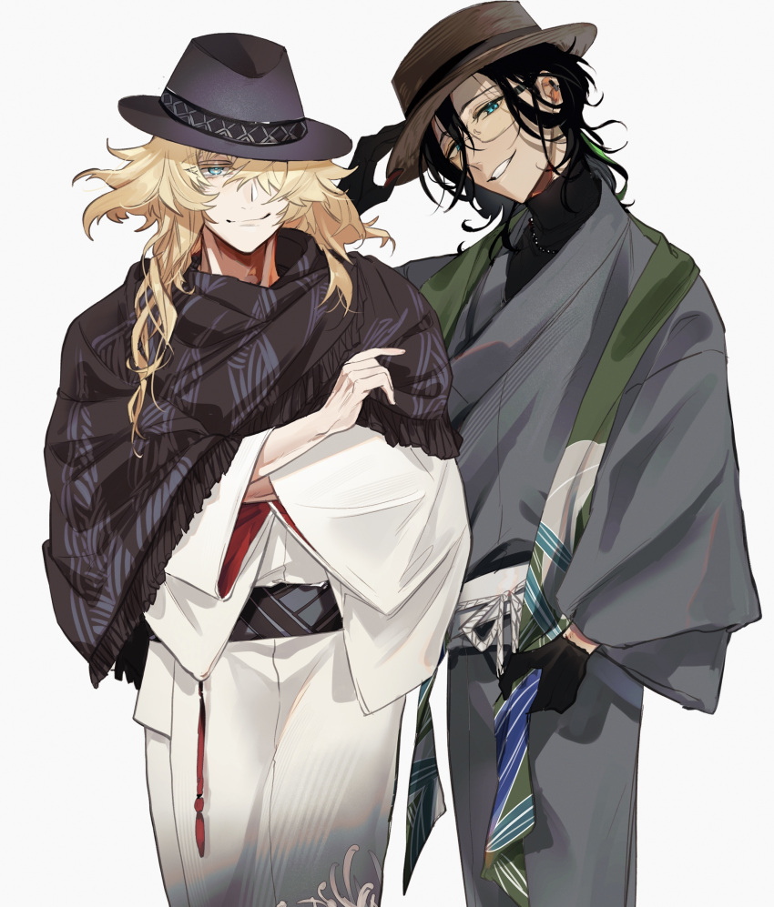 2boys, absurdres, adjusting_clothes, adjusting_headwear, alternate_costume, black_gloves, black_hair, black_headwear