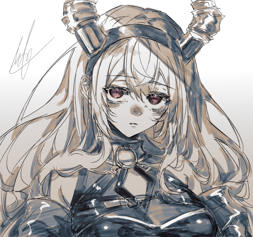 1girl, arknights, bare_shoulders, blush, breasts, cleavage_cutout, closed_mouth, clothing_cutout