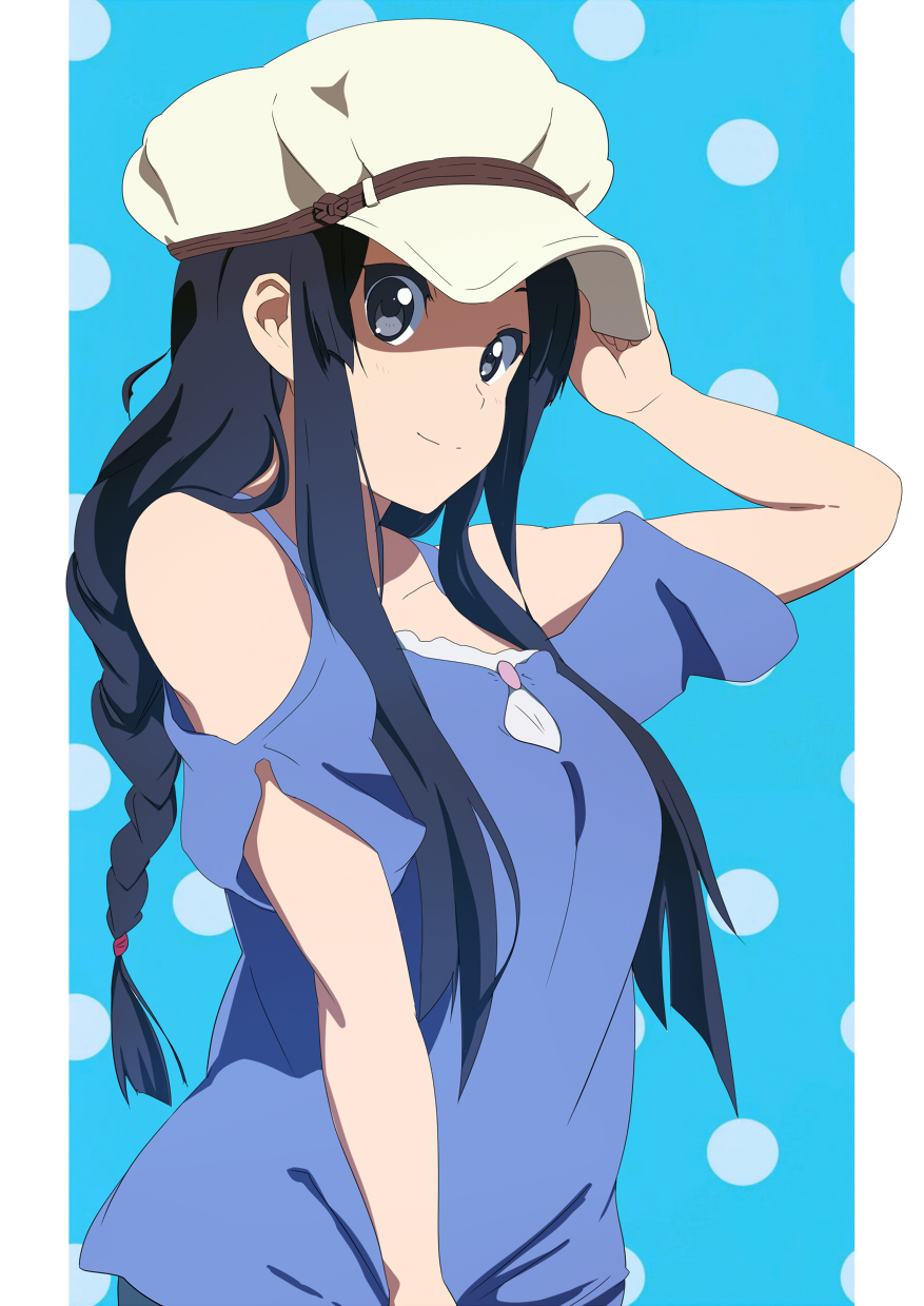 bad_id, black_eyes, black_hair, blue_eyes, cabbie_hat, casual, hand_on_hat, hat