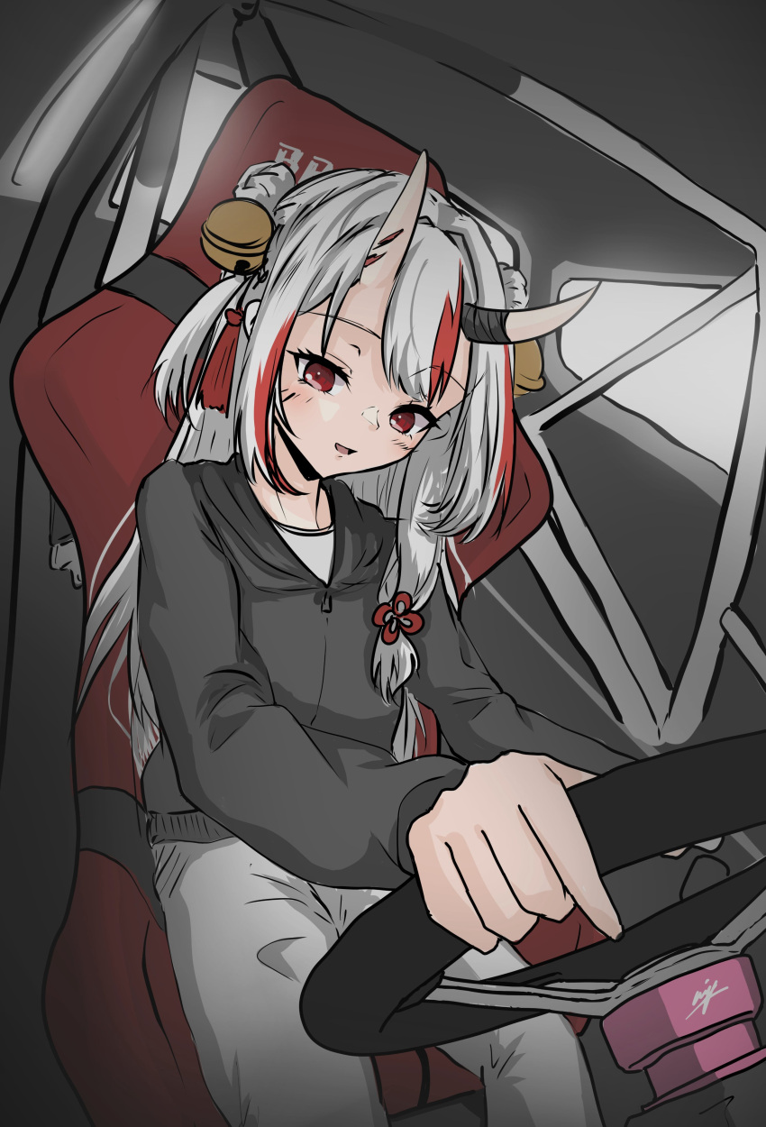 1girl, absurdres, bell, black_hoodie, bride_(brand), double_bun, driving, grey_hair