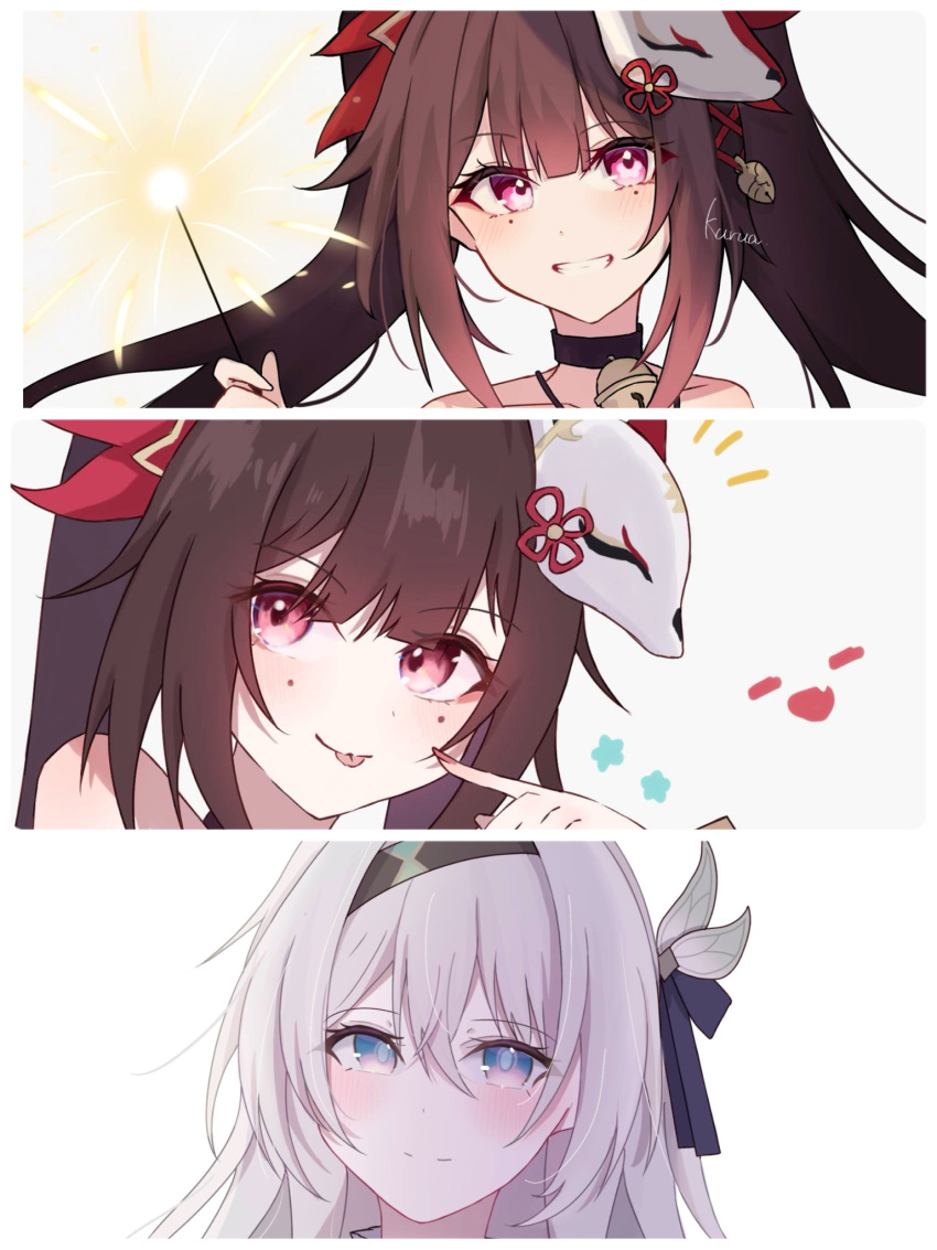 2girls, 961_kuru, :d, :p, black_hairband, blue_eyes, blue_pupils, blue_ribbon