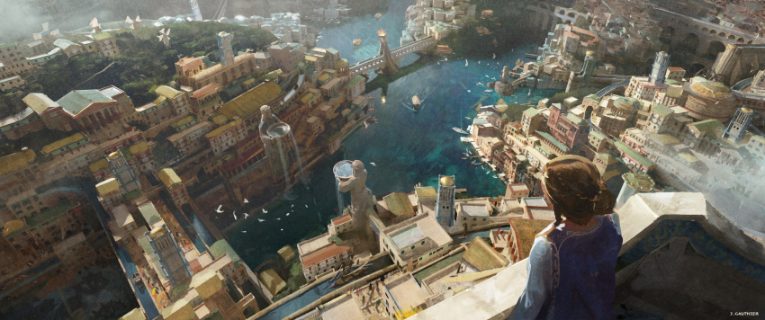 1girl, absurdres, bird, blue_cloak, blue_dress, braid, bridge, city