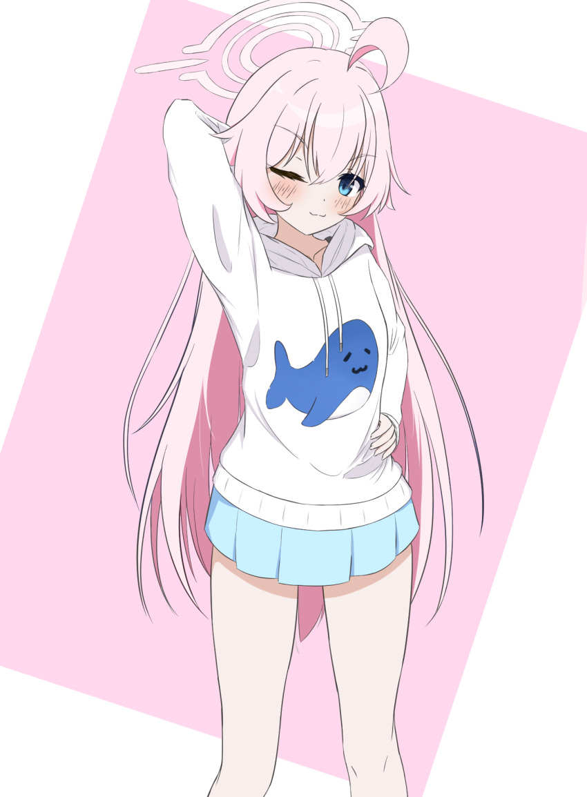 1girl, ;), ahoge, animal_print, arm_behind_head, arm_up, blue_archive, blue_eyes, blue_skirt, blush, closed_mouth, commentary_request, drawstring, feet_out_of_frame, fish_print, hair_between_eyes, halo, highres, hood, hood_down, hoodie, hoshino_(blue_archive), kuronagi_(mitora_uwu), long_hair, looking_at_viewer, one_eye_closed, pink_background, pink_hair, pleated_skirt, print_hoodie, skirt, smile, solo, standing, two-tone_background, very_long_hair, whale_print, white_background, white_hoodie