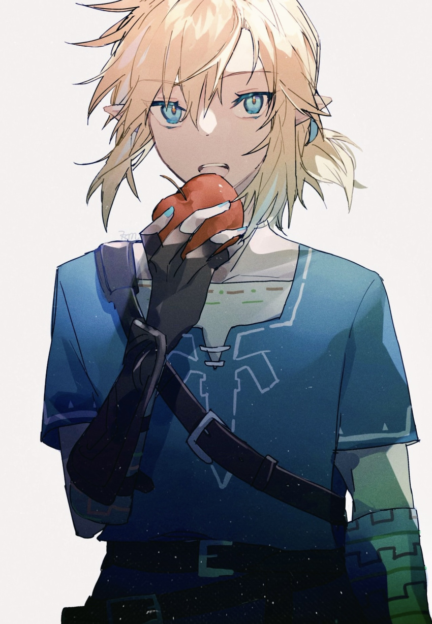 1boy, apple, belt, bishounen, blonde_hair, blue_eyes, colored_eyelashes, facing_viewer