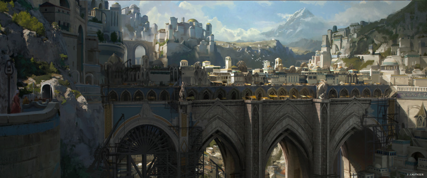 1girl, absurdres, arch, bird, bridge, canyon, city, clouds