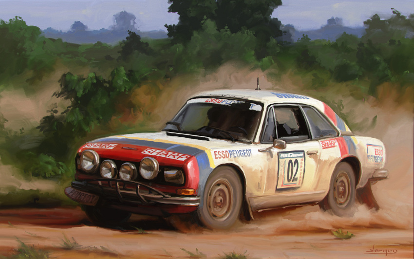 bush, car, dirt, highres, motor_vehicle, no_humans, peugeot, peugeot_504