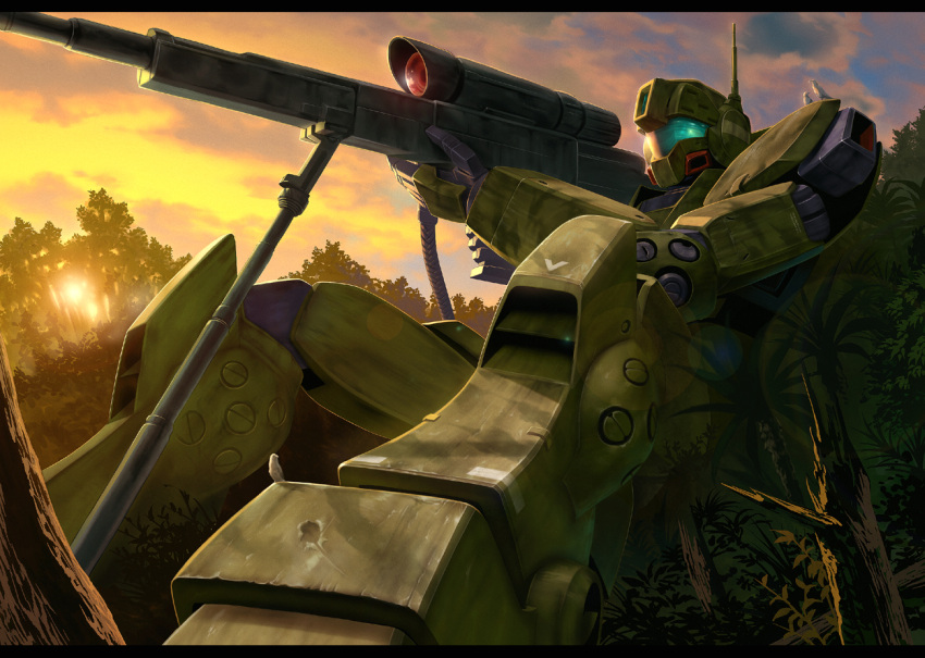 bird, camouflage, forest, gm_sniper_ii, gun, gundam, mecha, murase_rintarou, nature, no_humans, rifle, sitting, sniper_rifle, solo, sunset, weapon