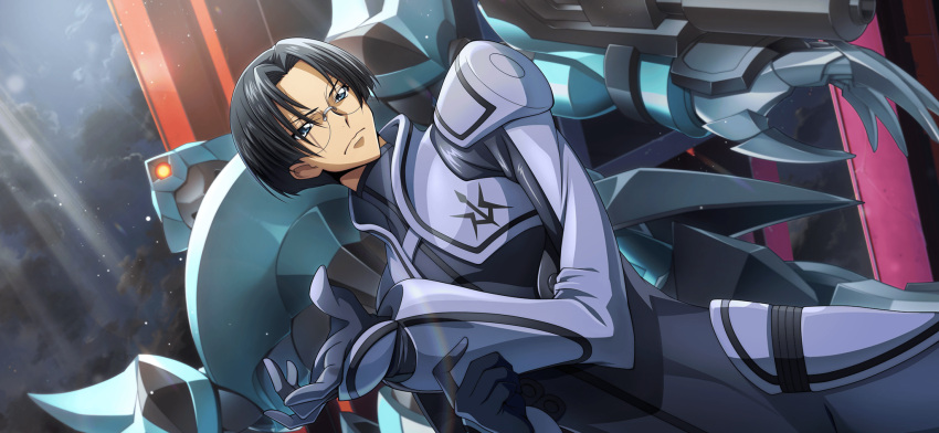 1boy, armor, artist_request, asahina_shougo, black_hair, blue_eyes, blue_sky, bodysuit, closed_mouth, clouds, code_geass, code_geass:_lost_stories, cropped_vest, dutch_angle, forehead, game_cg, gekka_(code_geass), glasses, grey_bodysuit, grey_vest, hair_intakes, hand_up, highres, light_particles, light_rays, looking_at_viewer, male_focus, mecha, night, non-web_source, official_art, outdoors, rimless_eyewear, robot, round_eyewear, short_hair, shoulder_armor, sky, solo, standing, v-shaped_eyebrows, vest
