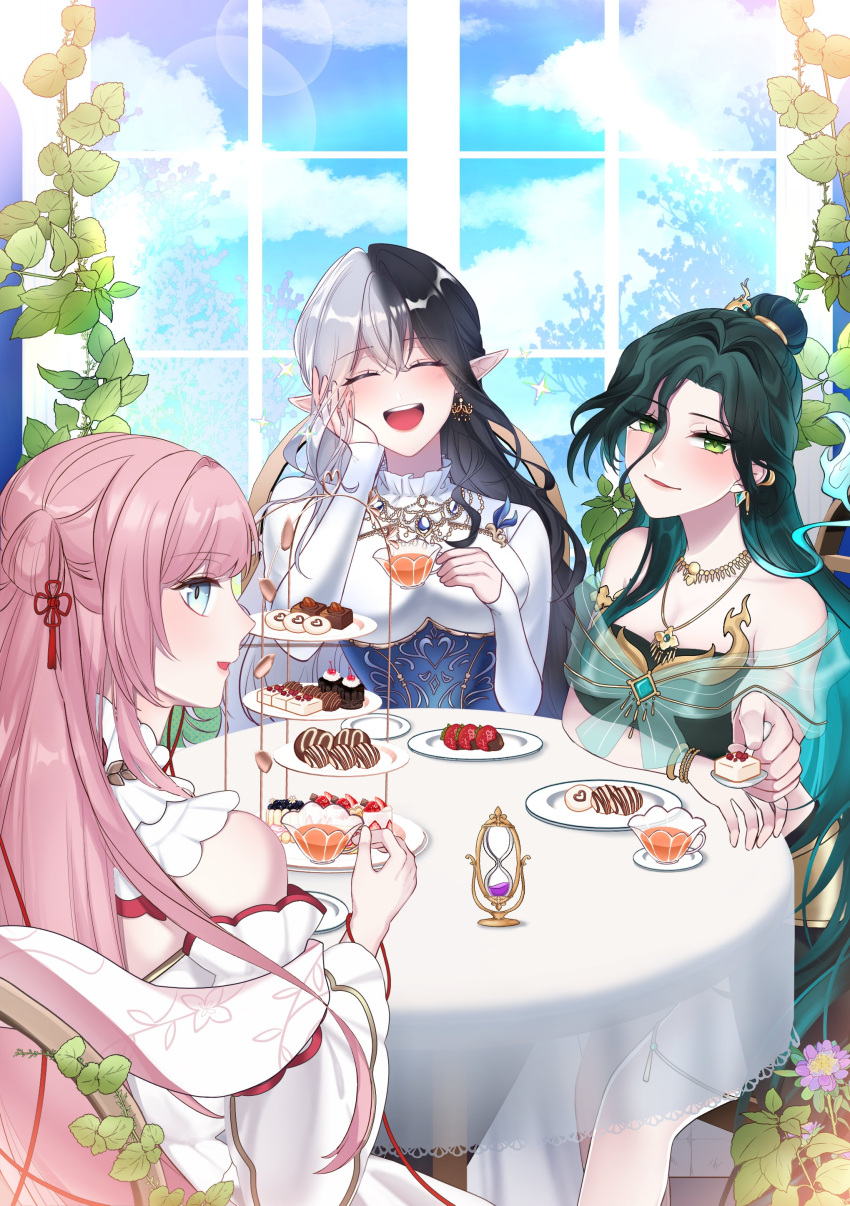 3girls, absurdres, algorhythm_project, black_hair, blue_eyes, breasts, cup, desk, dress, earrings, effy_(algorhythm_project), eileennoir, evalia_(algorhythm_project), food, gradient_hair, green_eyes, green_hair, grey_hair, highres, holding, holding_cup, iiazazel, jewelry, long_hair, long_sleeves, medium_breasts, multicolored_hair, multiple_girls, open_mouth, pink_hair, plate, shen_yue_(algorhythm_project), thai_clothes, two-tone_hair, virtual_youtuber, white_dress