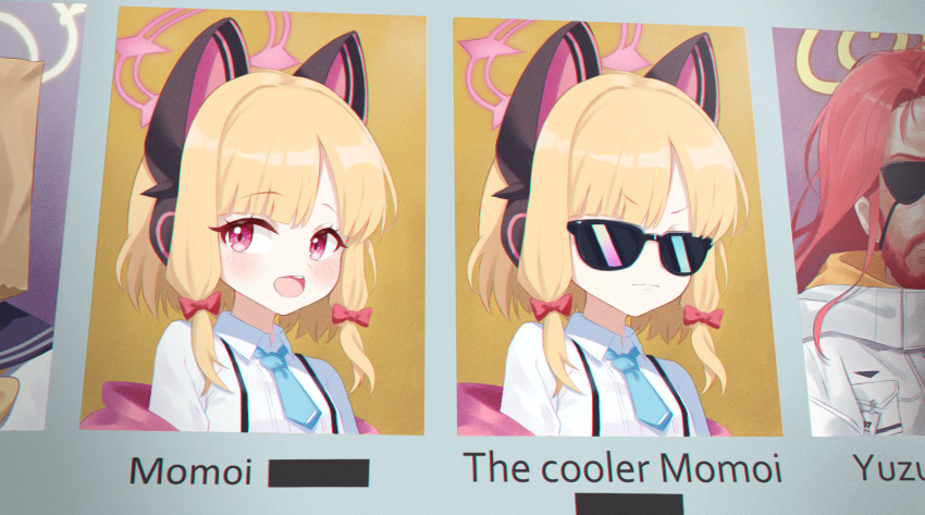 3girls, animal_ear_headphones, animal_ears, bag, bag_over_head, beard, blonde_hair, blue_archive