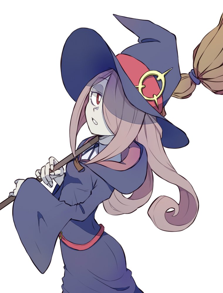 1girl, broom, eyeshadow, hair_over_one_eye, hat, holding, holding_broom, little_witch_academia, long_hair, luna_nova_school_uniform, makeup, pale_skin, purple_hair, red_eyes, school_uniform, solo, sucy_manbavaran, witch, witch_hat, yachimata_1205