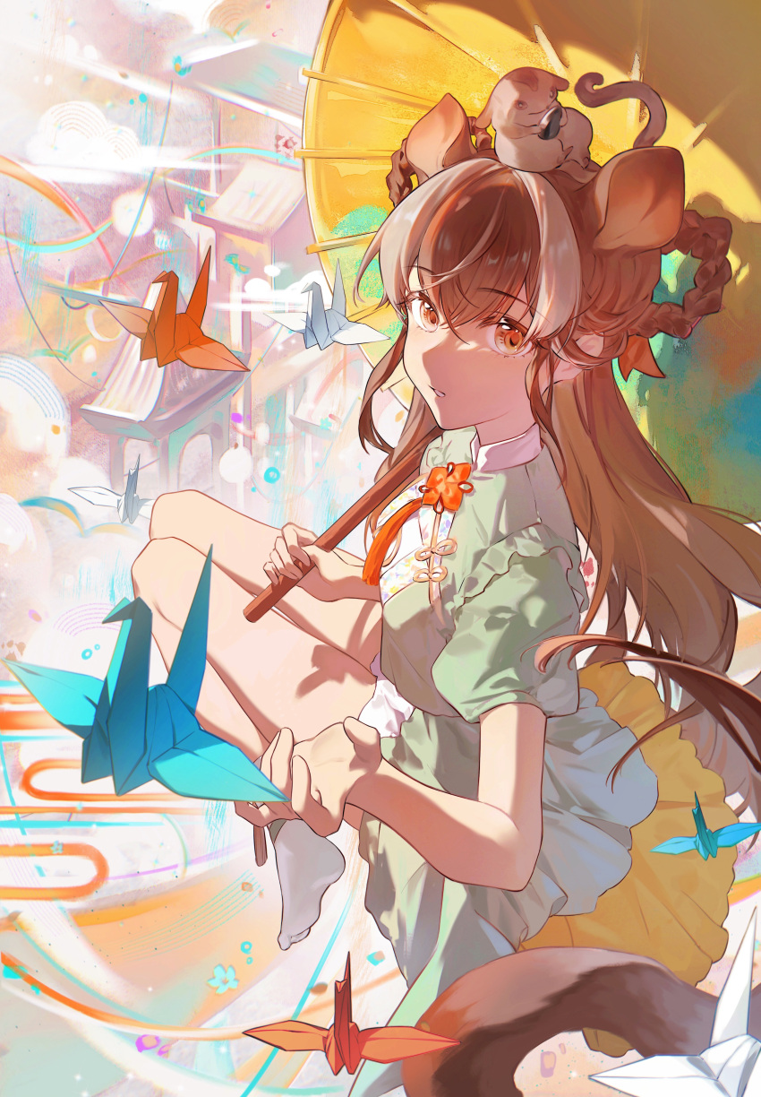 1girl, absurdres, animal_ears, animal_on_head, arknights, brown_hair, dress, full_body