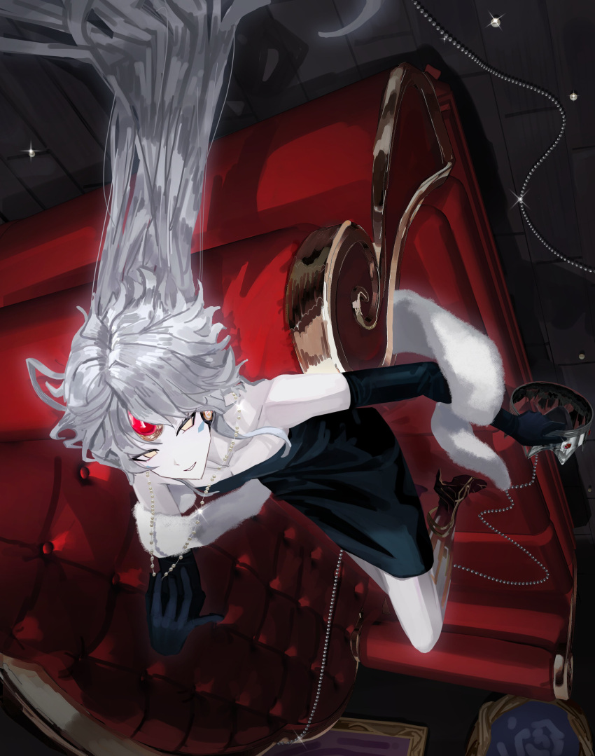 1girl, absurdres, alternate_costume, android, black_dress, black_gloves, code:_antithese_(elsword), collarbone