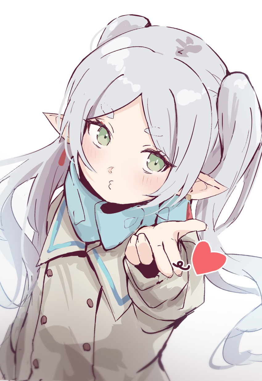1girl, blowing_kiss, blue_bow, blue_scarf, blush, bow, brown_coat, buttons