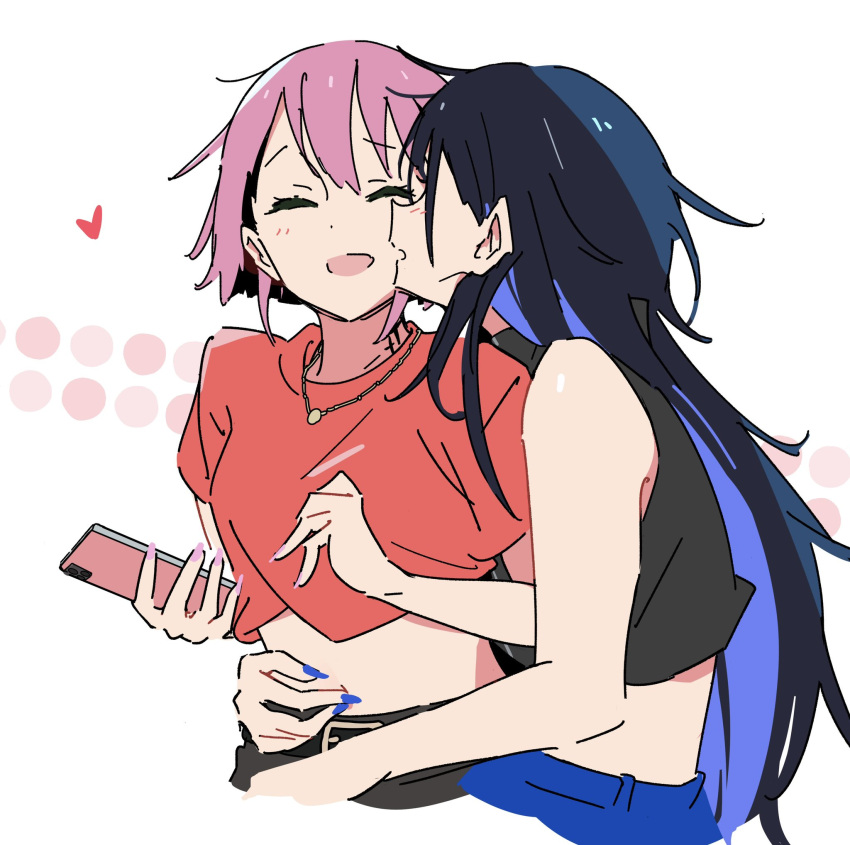 2girls, atenaba, bare_arms, belt, black_hair, black_tank_top, blue_hair, blue_nails