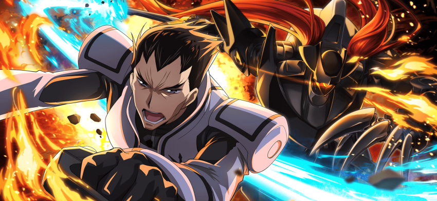 1boy, armor, artist_request, backlighting, black_bodysuit, bodysuit, brown_hair, code_geass, code_geass:_lost_stories, eye_trail, fire, forehead, furrowed_brow, game_cg, gekka_(code_geass), gekka_(tohdoh_custom), glowing, glowing_eyes, grey_eyes, grey_vest, half-closed_eyes, highres, leaning_forward, light_trail, male_focus, mecha, non-web_source, official_art, one-eyed, open_mouth, orange_eyes, robot, short_hair, shoulder_armor, smear_frame, solo, spiky_hair, teeth, tongue, toudou_kyoushirou, upper_body, vest