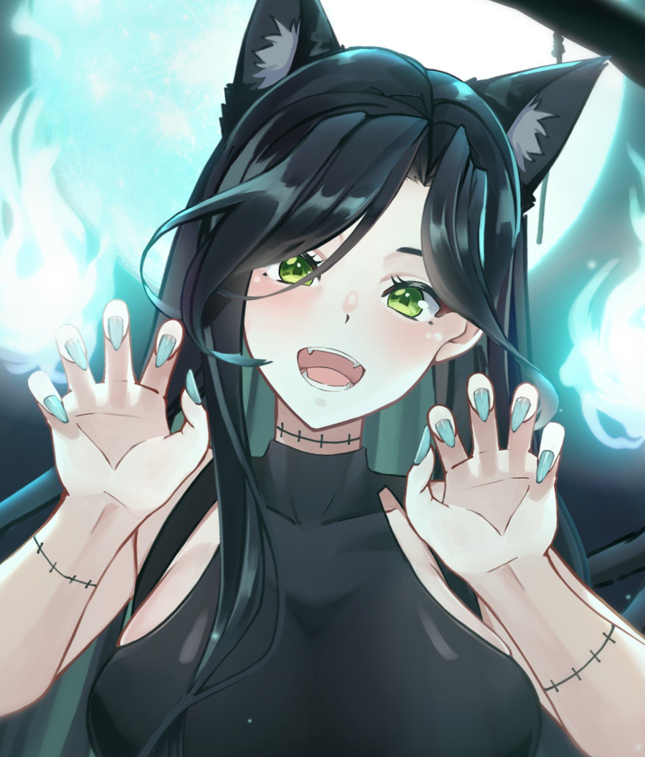 1girl, algorhythm_project, animal_ears, black_hair, black_shirt, breasts, cat_ears, commentary, evalia_(algorhythm_project), fangs, green_eyes, green_nails, highres, i.ryuu_z, large_breasts, long_hair, multicolored_hair, open_mouth, shirt, symbol-only_commentary, tongue, virtual_youtuber