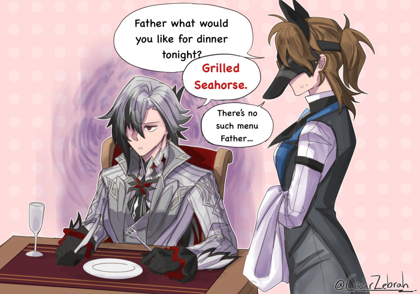 2girls, angry, arlecchino_(genshin_impact), black_eyes, black_hair, black_hands, black_skin, brown_hair