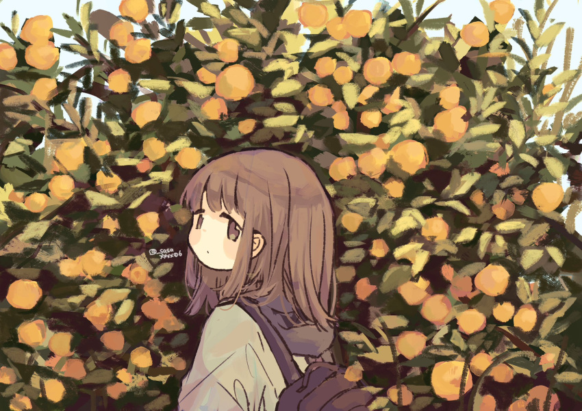 1girl, backpack, bag, blush, brown_eyes, brown_hair, bush, closed_mouth