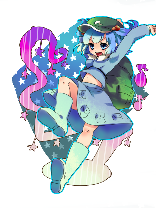 bag, blue_eyes, blue_hair, boots, hair_bobbles, hair_ornament, hat, kawashiro_nitori