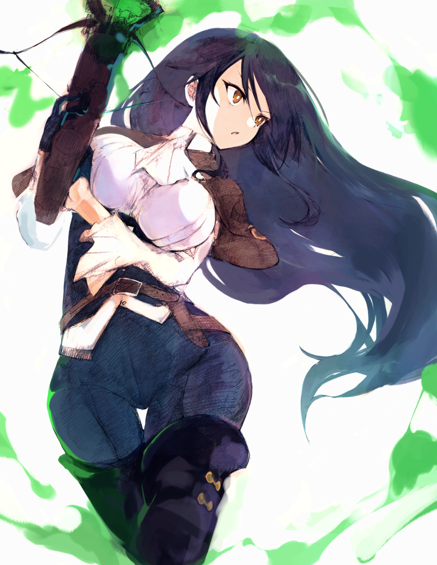 1girl, ascot, belt, black_gloves, black_hair, boots, brown_capelet, capelet, crossbow, facing_viewer, frilled_sleeves, frills, galleria_no_chika_meikyuu_to_majo_no_ryodan, gloves, half_gloves, highres, holding, holding_crossbow, holding_weapon, kakuwashi, long_hair, looking_to_the_side, mad_raptor, open_mouth, pants, shirt, simple_background, solo, standing, thigh_boots, thigh_gap, tight_clothes, tight_pants, upper_body, weapon, white_ascot, white_shirt, yellow_eyes