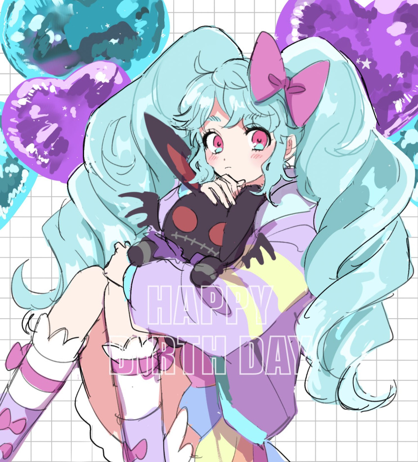 1girl, balloon, blue_hair, bow, feet_out_of_frame, hair_bow, happy_birthday, heart_balloon