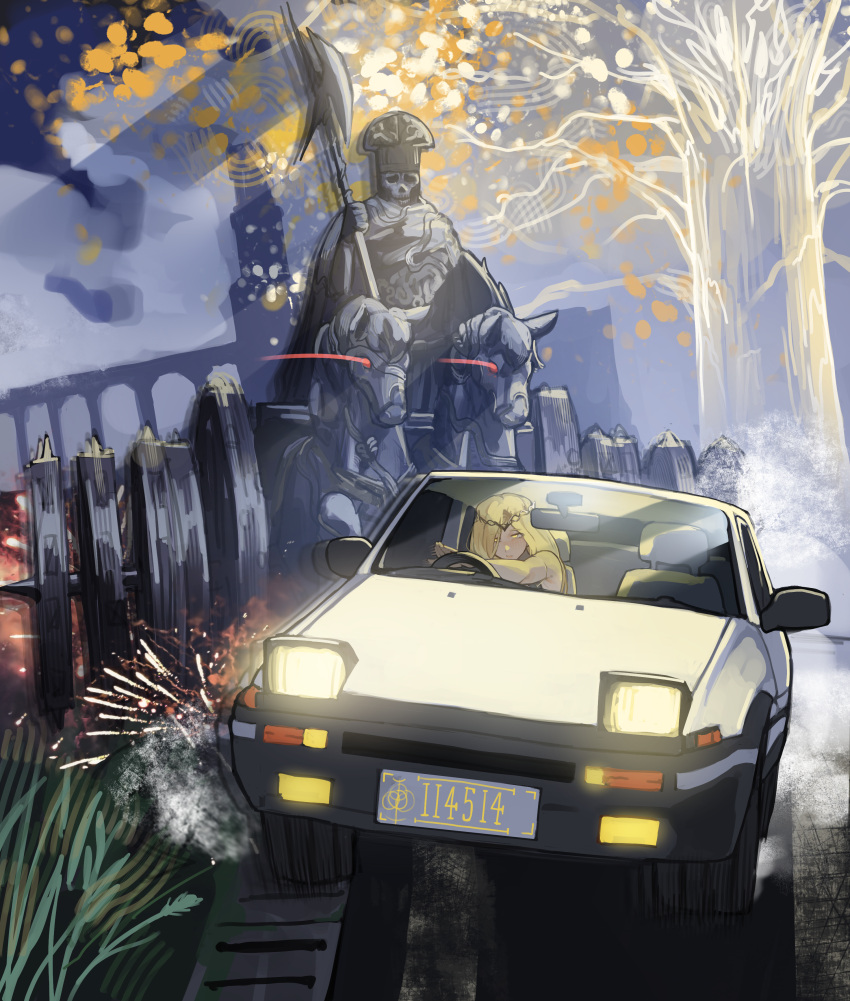 1girl, absurdres, blonde_hair, car, chasing, circlet, commentary_request, driving