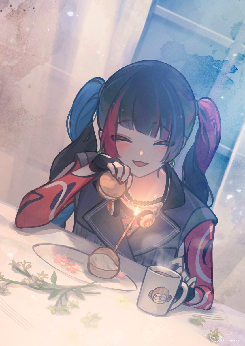 1girl, :d, black_gloves, black_hair, black_shirt, blue_hair, blue_nails, blush