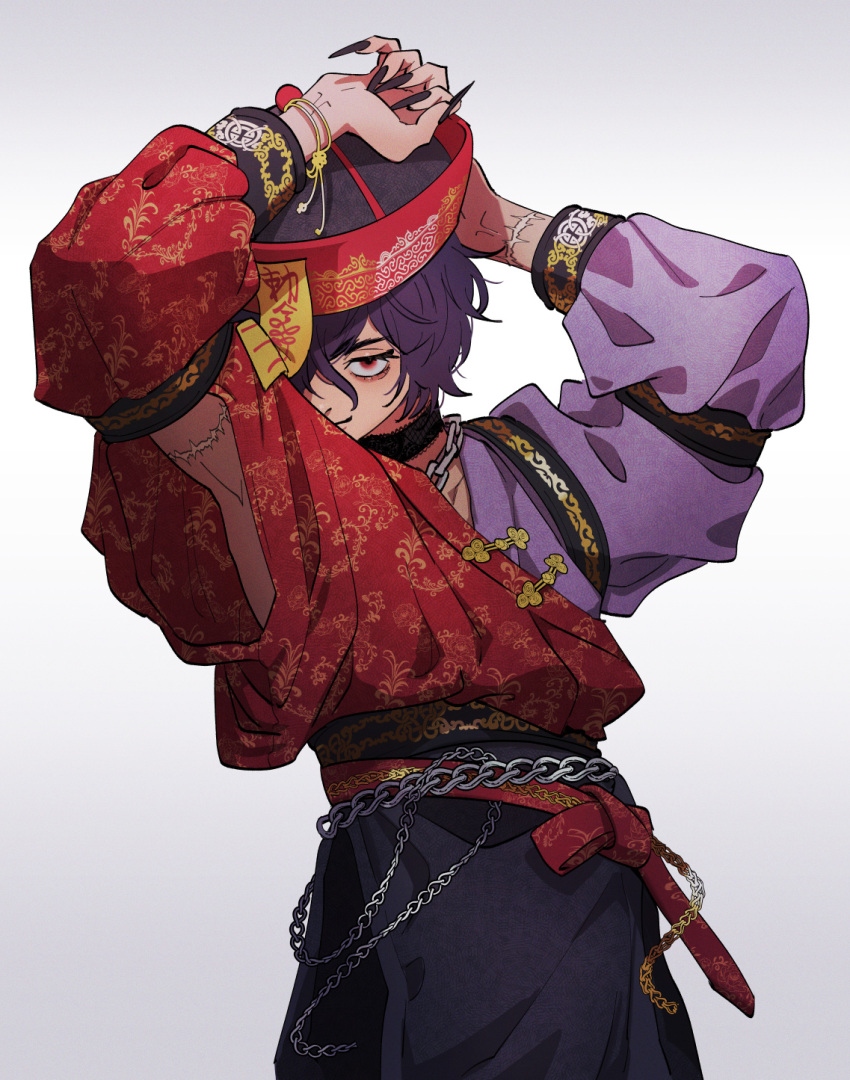 1boy, akikoke, arms_up, black_nails, chain, chinese_clothes, clothing_cutout, commentary_request