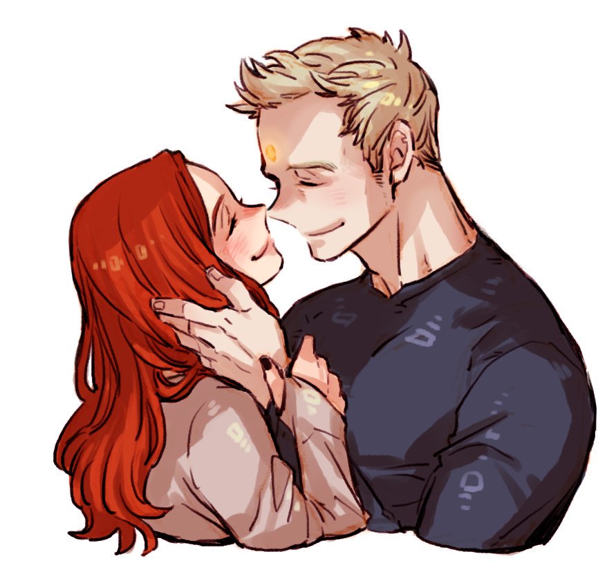 1boy, 1girl, animification, avengers:_infinity_war, avengers_(series), black_nails, black_shirt, blonde_hair