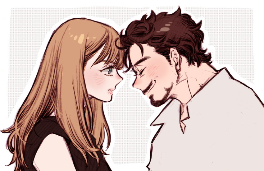 1boy, 1girl, animification, bare_shoulders, black_dress, blonde_hair, blue_eyes, blush