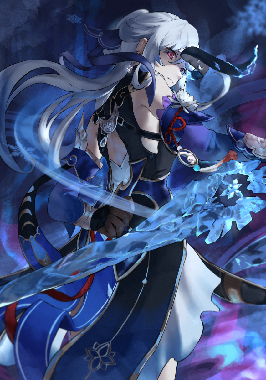1girl, absurdres, arm_behind_back, back_cutout, black_blindfold, black_gloves, blindfold, closed_mouth