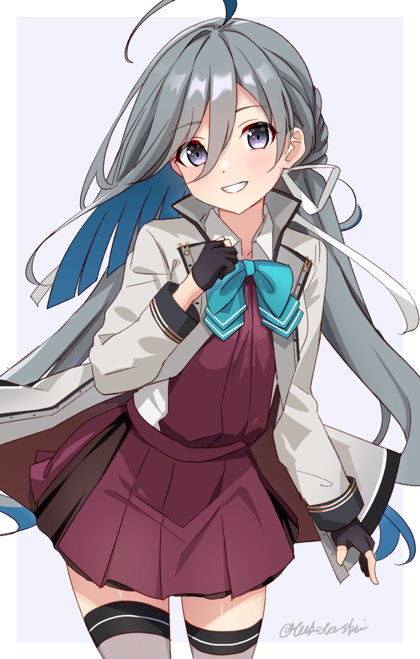 1girl, absurdres, ahoge, aqua_bow, aqua_bowtie, black_gloves, blue_hair, blush, bow, bowtie, coat, colored_inner_hair, cowboy_shot, dress, gloves, grey_coat, grey_eyes, grey_hair, grey_thighhighs, grin, highres, kantai_collection, kiyoshimo_(kancolle), kiyoshimo_kai_ni_(kancolle), long_hair, long_sleeves, looking_at_viewer, low_twintails, multicolored_hair, open_clothes, open_coat, partially_fingerless_gloves, pleated_dress, purple_dress, smile, solo, thigh-highs, toketa-sekai, twintails, twitter_username