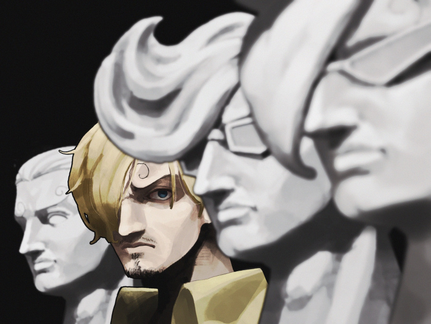 4boys, blonde_hair, collared_shirt, curly_eyebrows, facial_hair, frown, gloom_(expression), goatee