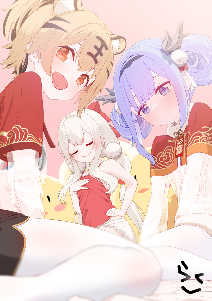 3girls, animal_ears, apron, azur_lane, black_shorts, bloomers, blue_eyes, blue_hair