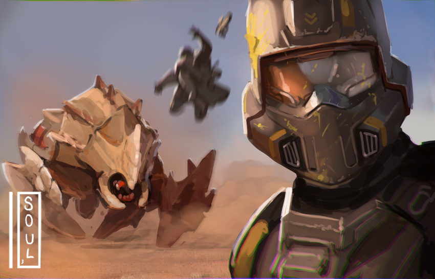 2others, absurdres, artist_name, blood_on_armor, blue_sky, bug, charger_(helldivers), clear_sky, dust, english_commentary, falling, helldiver_(helldivers), helldivers_(series), helmet, highres, looking_at_viewer, mandibles, meme, multiple_others, outdoors, sky, soul_ant19, tornado_selfie_(meme)