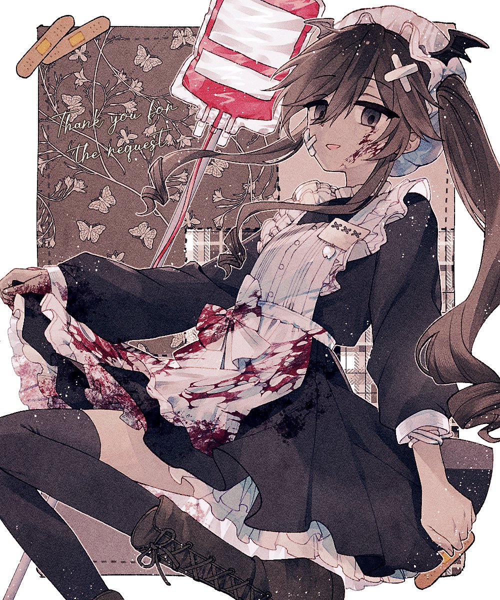 1girl, :d, apron, bandaid, bandaid_on_cheek, bandaid_on_face, bandaid_on_head, bat_wings, black_dress, black_thighhighs, blood, blood_bag, blood_on_clothes, blood_on_hands, boots, brown_footwear, brown_hair, bug, butterfly, clothes_lift, collection_villa, commission, dress, drill_hair, drill_sidelocks, frilled_dress, frills, grey_eyes, hair_between_eyes, hat, high_side_ponytail, highres, intravenous_drip, jitome, knee_boots, looking_at_viewer, looking_down, maid, maid-san_(collection_villa), maid_apron, mob_cap, quzie, sidelocks, skirt, skirt_lift, smile, tan, thigh-highs, wings