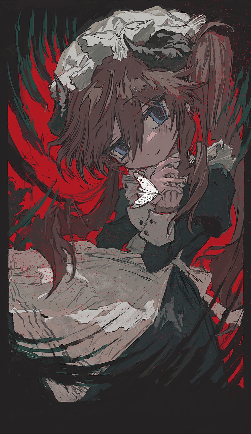 1girl, apron, black_background, black_dress, black_horns, blue_eyes, bug, butterfly