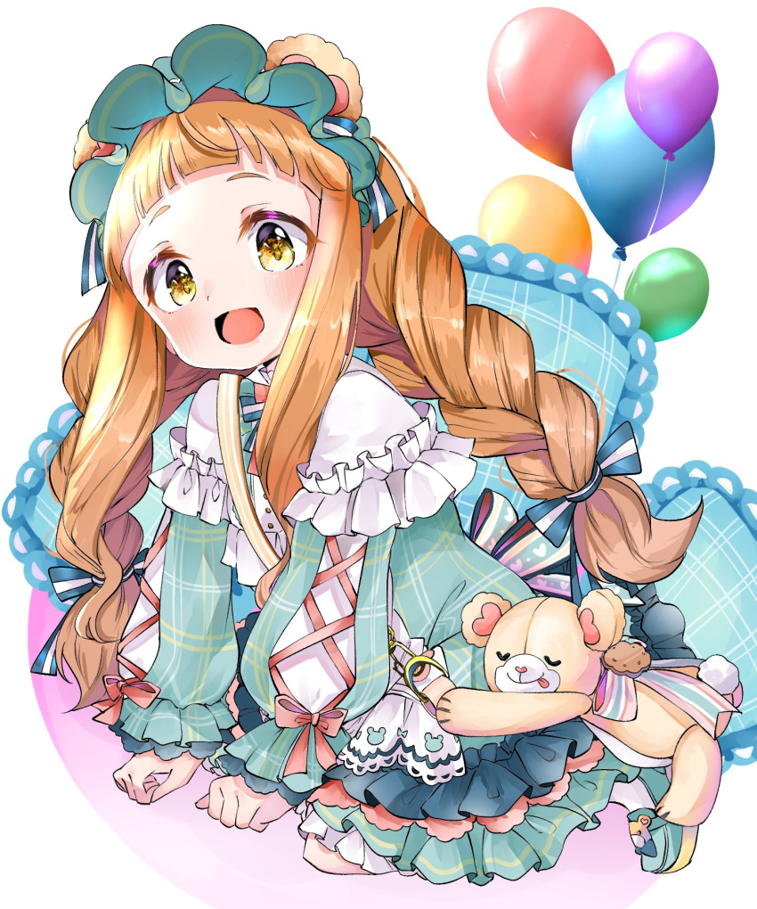 1girl, balloon, blue_ribbon, blunt_bangs, blush, bow, braid, brown_hair