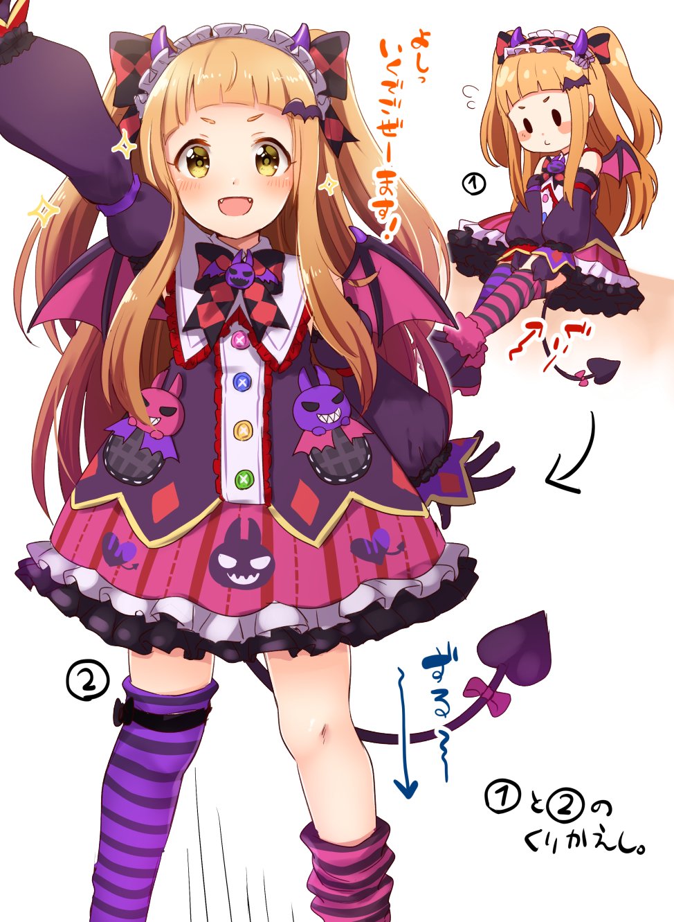 1girl, arm_up, asymmetrical_legwear, black_gloves, blunt_bangs, blush, bow, brown_hair