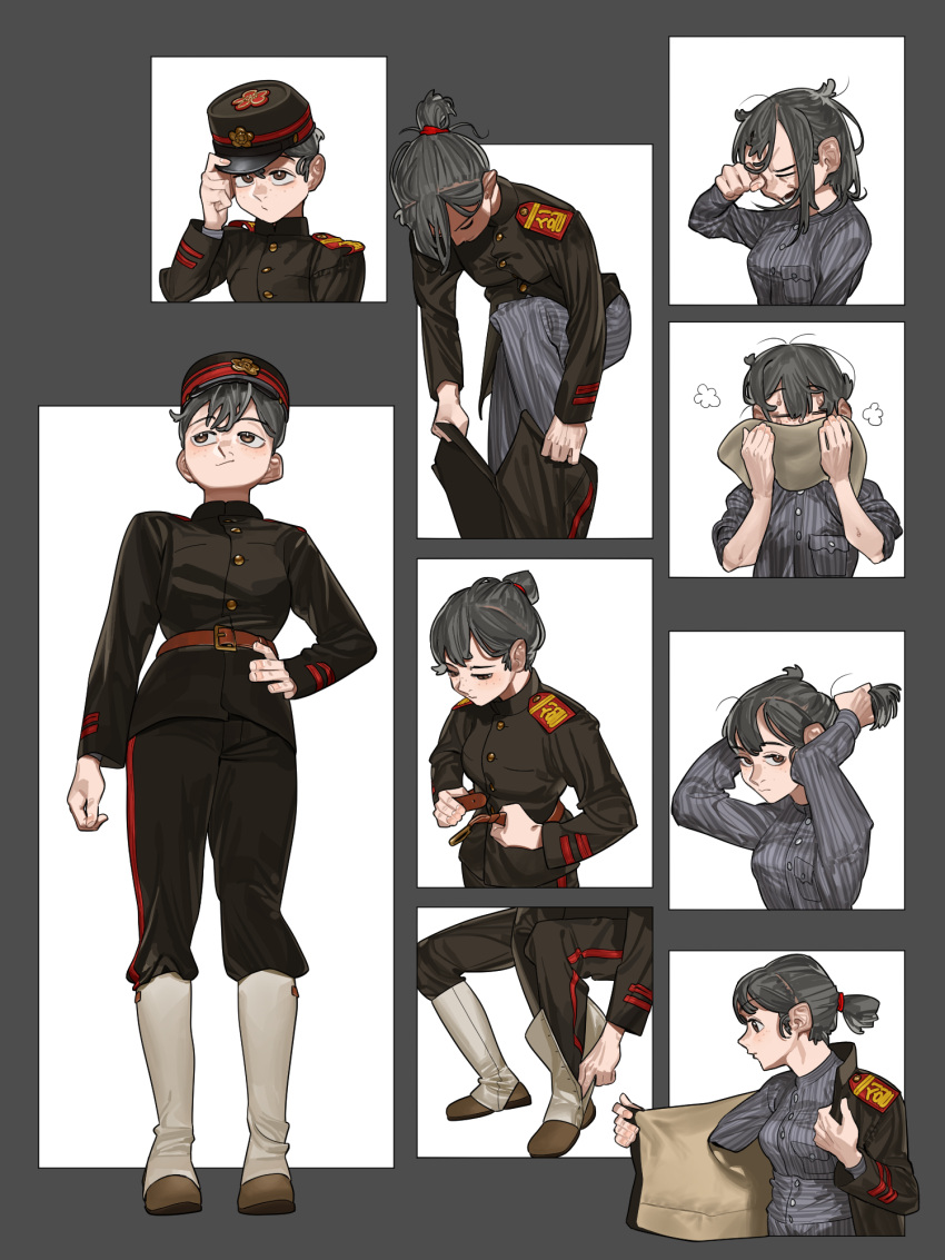 1girl, adjusting_clothes, adjusting_hair, adjusting_headwear, adjusting_legwear, arms_behind_head, arms_up, army