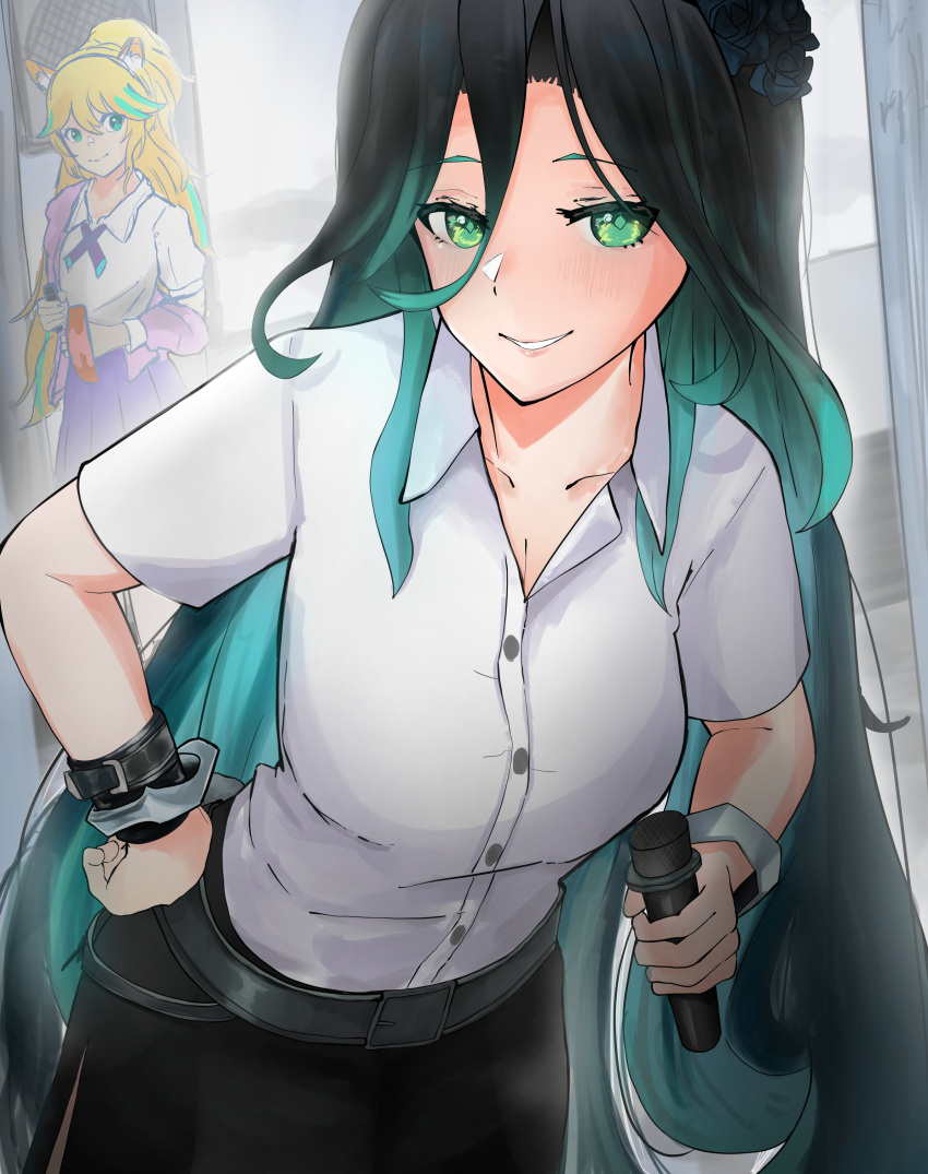 2girls, absurdres, aisha_(polygon_project), algorhythm_project, animal_ears, belt, black_hair, black_skirt