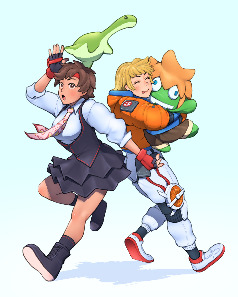 2girls, :o, ^_^, apex_legends, black_footwear, black_skirt, black_vest, blanka-chan