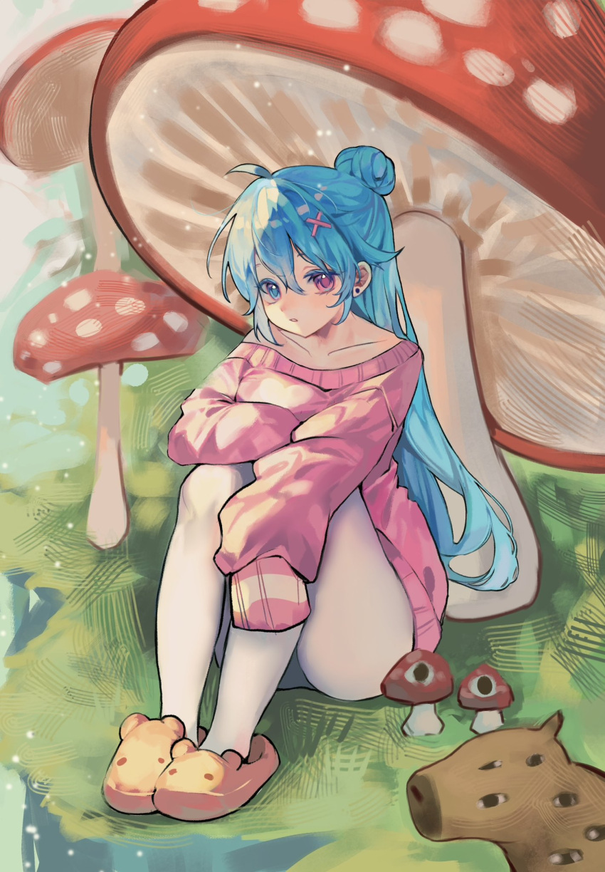 1girl, :o, bare_legs, breasts, capybara, earrings, extra_eyes, giant_mushroom
