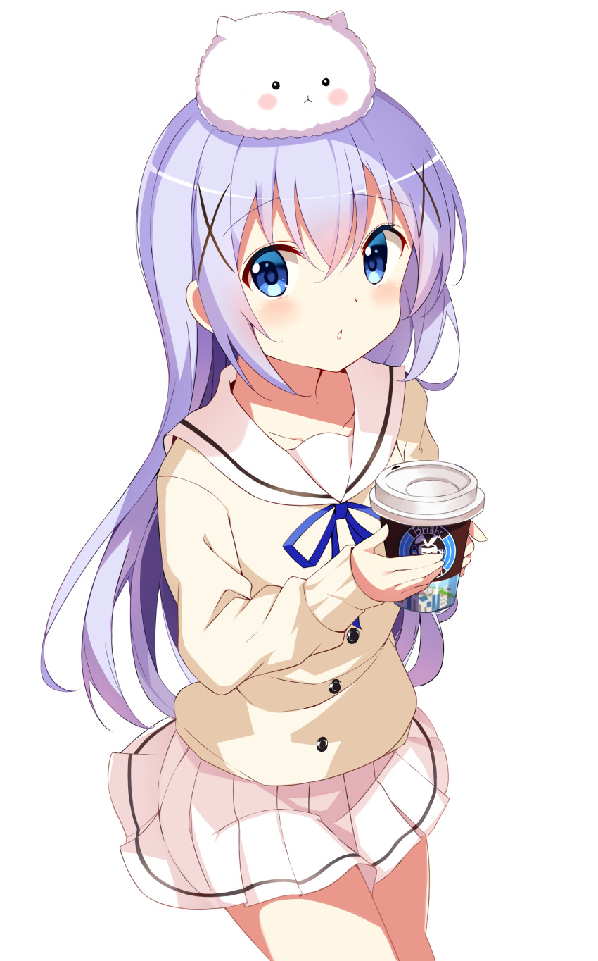 absurdres, azunyan, blue_eyes, blue_hair, collarbone, cowboy_shot, gochuumon_wa_usagi_desu_ka?, hair_between_eyes, highres, holding, kafuu_chino, kafuu_chino's_school_uniform, light_blue_hair, long_hair, long_sleeves, looking_at_viewer, miniskirt, open_mouth, pleated_skirt, sailor_collar, sailor_shirt, school_uniform, shirt, skirt, tippy_(gochiusa), very_long_hair, white_sailor_collar, white_shirt, white_skirt