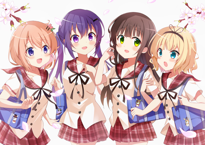 4girls, :d, absurdres, alternate_costume, azunyan, bag, black_hairband, black_ribbon