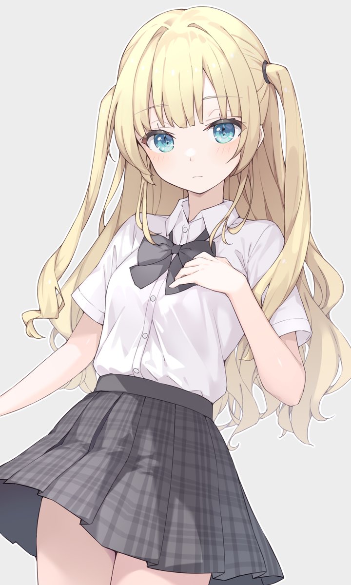 1girl, black_bow, black_skirt, blue_eyes, bow, bowtie, character_request, check_character, commission, cowboy_shot, highres, long_hair, looking_at_viewer, nokita_(pinmisil), original, pleated_skirt, school_uniform, shirt, shirt_tucked_in, simple_background, skeb_commission, skirt, solo, twintails, white_background, white_shirt