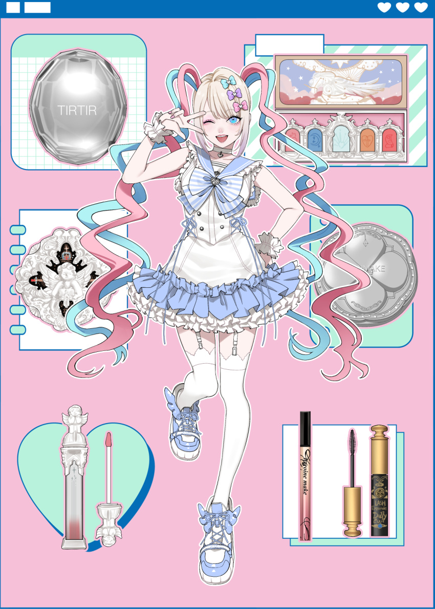 1girl, alternate_costume, blonde_hair, blue_bow, blue_eyes, blue_footwear, blue_hair, blue_sailor_collar