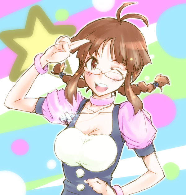 ai_tama_(pixiv), akizuki_ritsuko, braid, brown_eyes, brown_hair, cross, cute_&amp;_girly_(idolmaster), glasses, idolmaster, jewelry, long_hair, necklace, twin_braids, wink