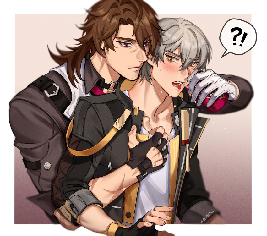 beard_stubble, black_gloves, black_shirt, brown_hair, caelus_(honkai:_star_rail), facial_hair, gallagher_(honkai:_star_rail), gloves, grey_hair, hair_between_eyes, highres, honkai:_star_rail, honkai_(series), male_focus, medium_hair, multiple_boys, necktie, open_mouth, seuoleol, shirt, short_hair, simple_background, stubble, trailblazer_(honkai:_star_rail), upper_body, white_gloves, white_shirt, yaoi, yellow_eyes